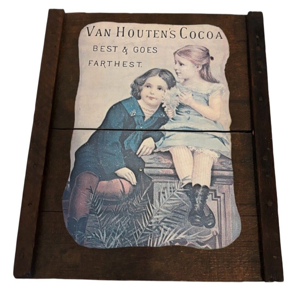Van Houten Cocoa Reclaimed Crate Wood Advertising Sign Victorian 15x13 Antique